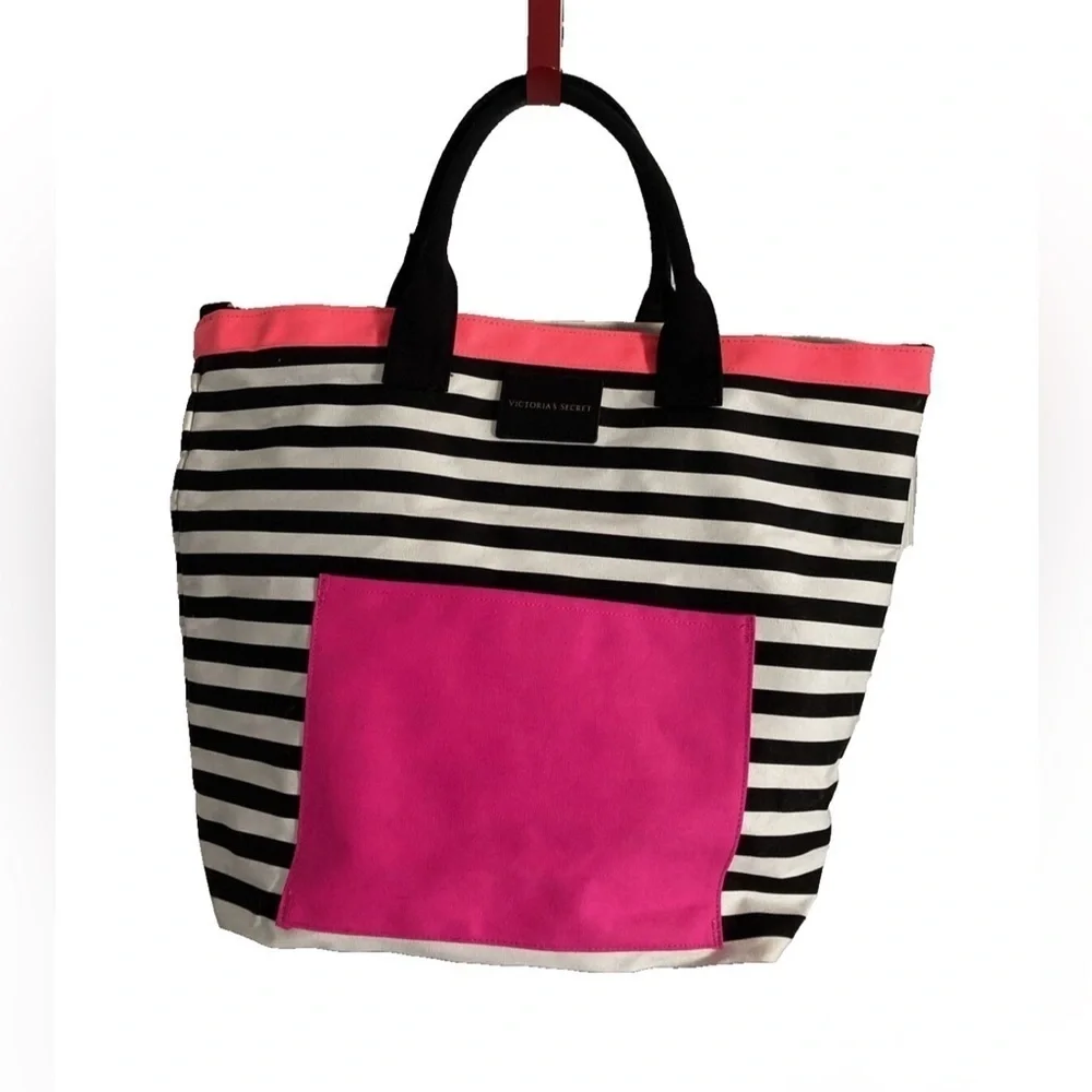VICTORIA'S SECRET Striped Tote Bag Black White Pink Limited edition